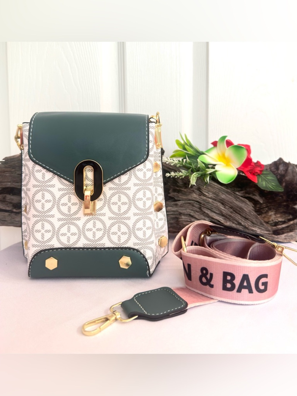 FASHION BAG ~ Green, Off White Pink Patterned Crossbody Bag w/Gold Chain Handle - Picture 8 of 14